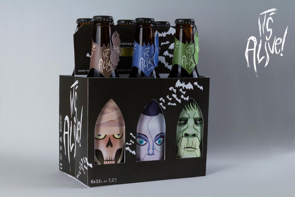 Diseño de packaging de cerveza para seis unidades It's Alive! (posterior) - Bizarro Gráfico