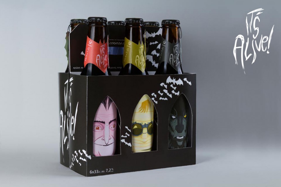 Diseño de packaging de cerveza para seis unidades It's Alive! (frontal) - Bizarro Gráfico