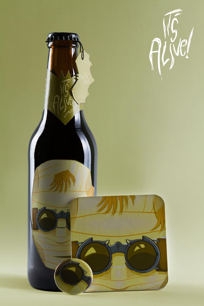 Diseño de packaging de cerveza It's Alive! - Hombre Invisible (regalos de posavasos y chapa) - Bizarro Gráfico