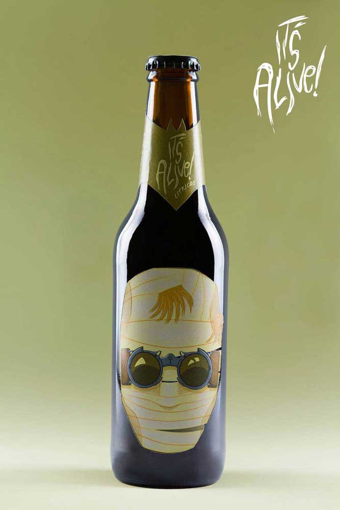Diseño de packaging de cerveza It's Alive! - Hombre Invisible, color amarillo, sabor cítricos (botella) - Bizarro Gráfico