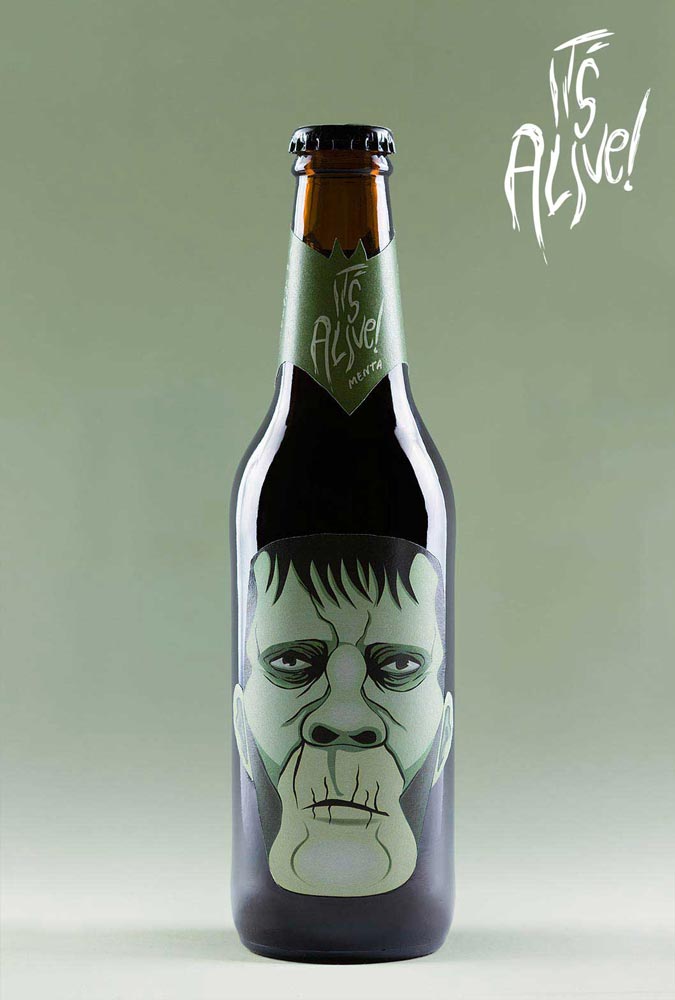 Diseño de packaging de cerveza It's Alive! - Frankenstein, color verde, sabor menta (botella) - Bizarro Gráfico
