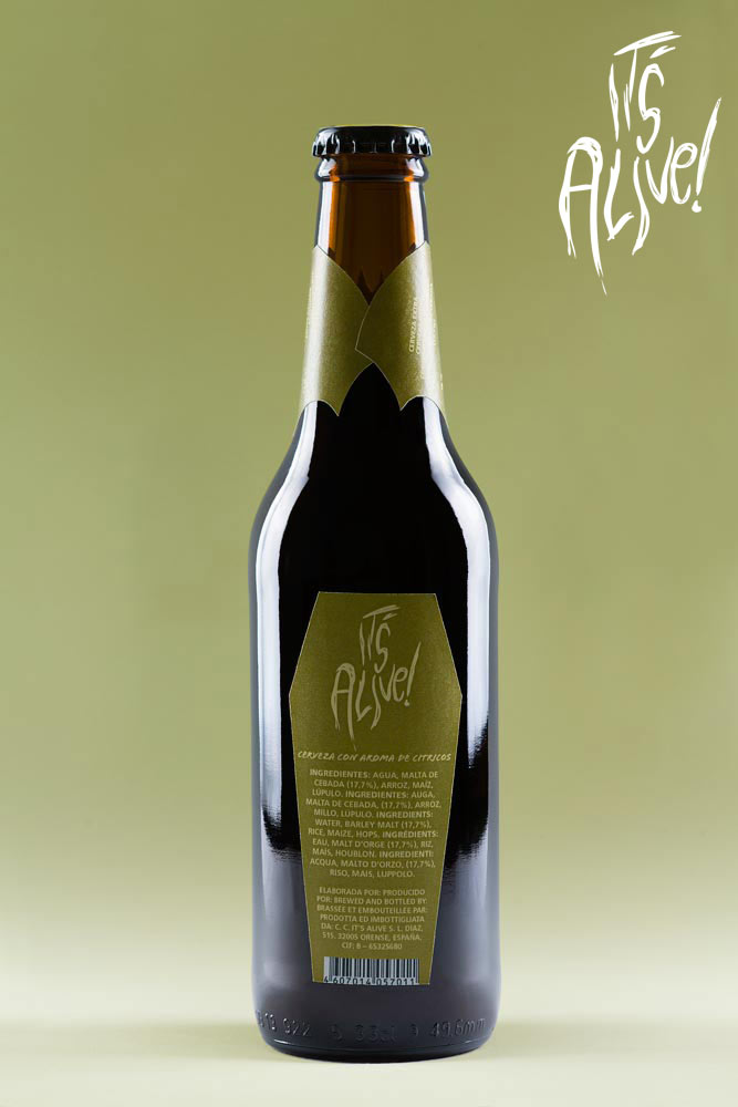 Diseño de packaging de cerveza It's Alive! - Hombre Invisible, color amarillo, sabor cítricos (botella, vista trasera) - Bizarro Gráfico