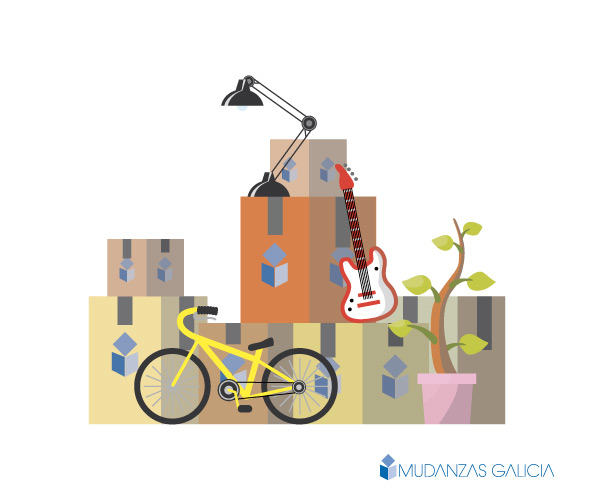 Ilustración web (trastos empacados) diseñada para Mudanzas Galicia por Bizarro Grafico