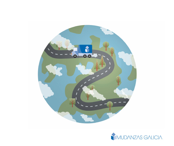 Ilustración web (bola del mundo) diseñada para Mudanzas Galicia por Bizarro Grafico